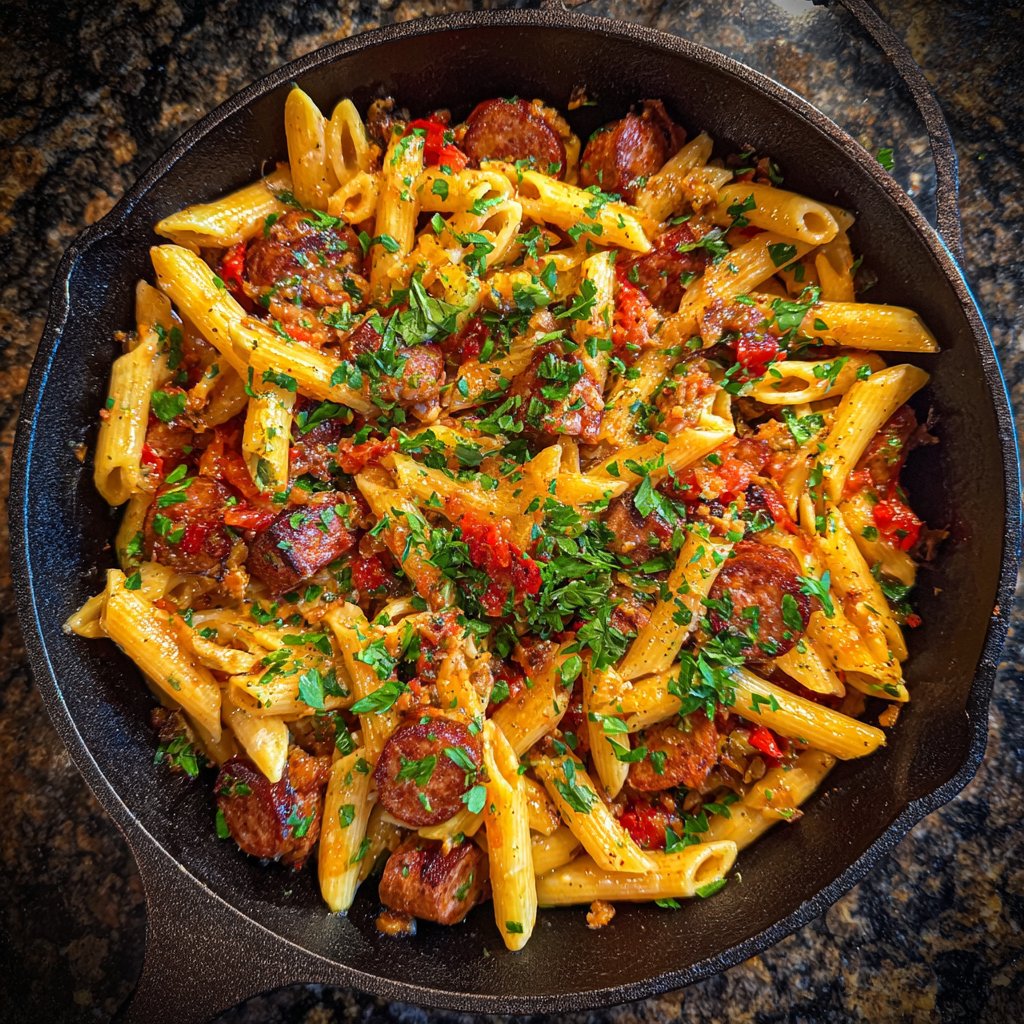 One Pot Cajun Sausage Pasta with Andouille and Bacon