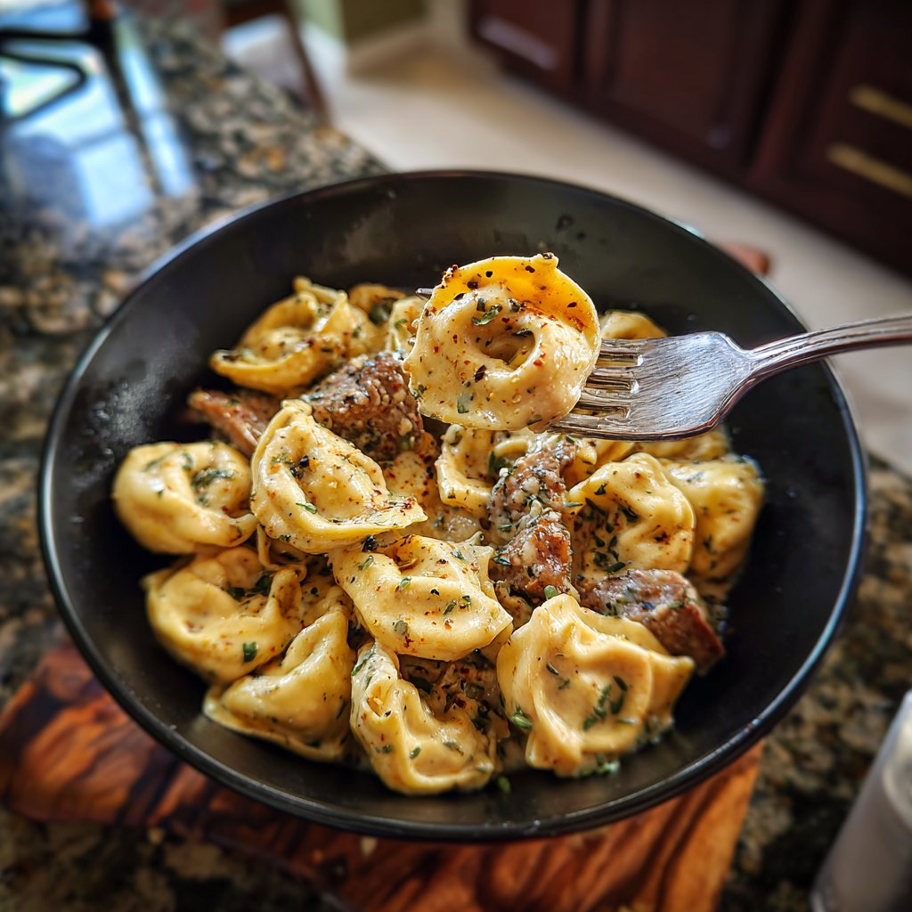 Garlic Steak Tortellini with Creamy Cajun Sauce
