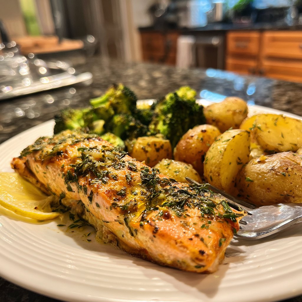 Lemon Butter Salmon with Herb Potatoes and Broccoli